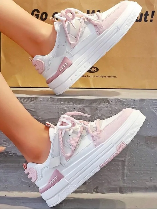 Women's Low-Top Casual Sneakers in Pink and White - Picture 3 of 10
